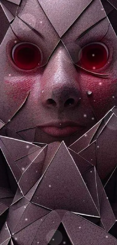 Abstract geometric face wallpaper with 3D shapes and surreal elements.