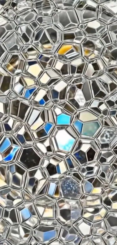 Abstract geometric glass design with metallic reflections.