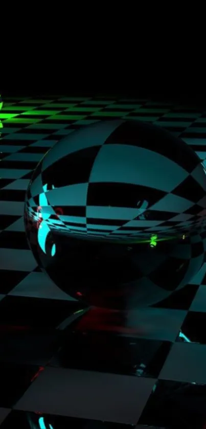 Abstract glass sphere on checkered surface in dark setting.