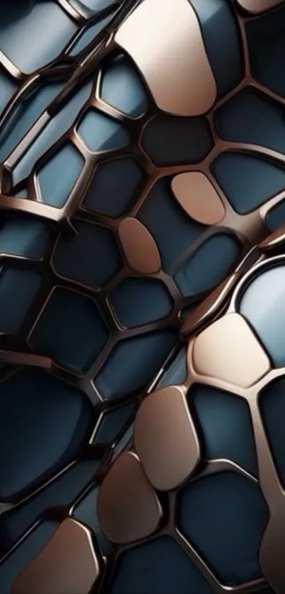 Abstract geometric wallpaper with metallic hexagons.