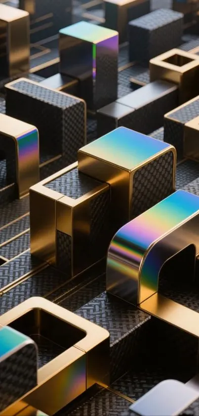 Abstract geometric metallic wallpaper with golden and iridescent cubes.