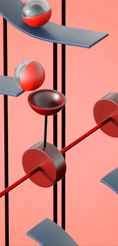 Abstract geometric 3D shapes on a salmon pink background.