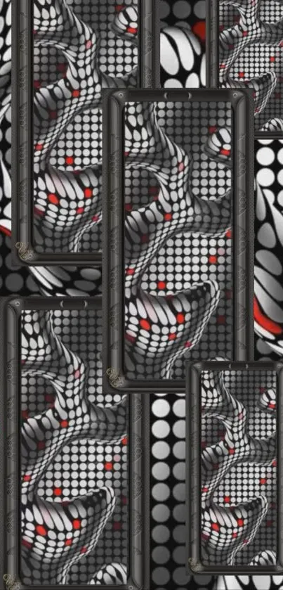 Abstract geometric mobile wallpaper with black, white, and red pattern.