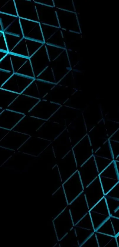 Abstract geometric wallpaper with glowing blue cubes on a dark background.