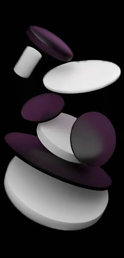 Abstract geometric shapes on black background with white and purple hues.