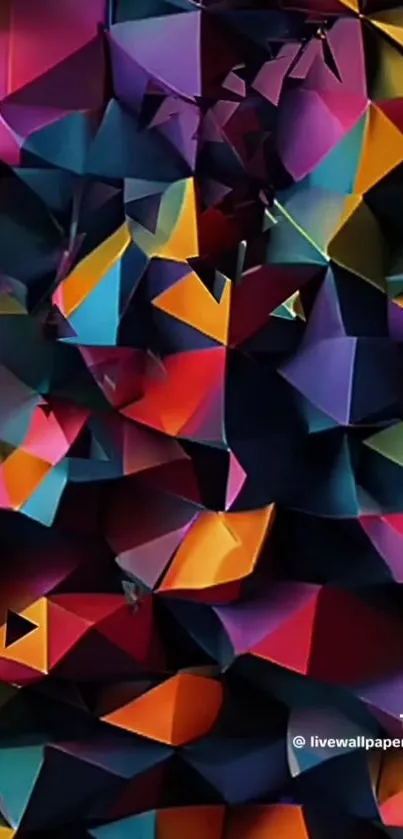 Vibrant abstract geometric wallpaper with colorful triangular patterns.