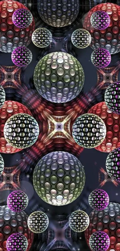 Abstract wallpaper with colorful metallic spheres on a dark background