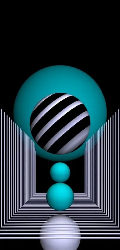 Abstract geometric mobile wallpaper with 3D teal shapes on black background.