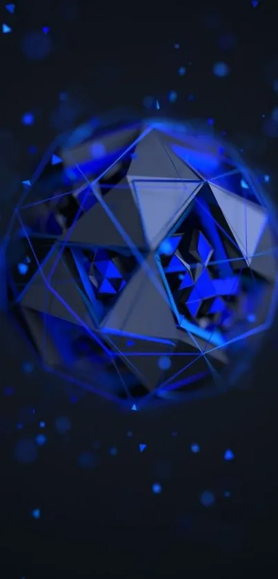 Abstract neon blue geometric sphere on dark background.