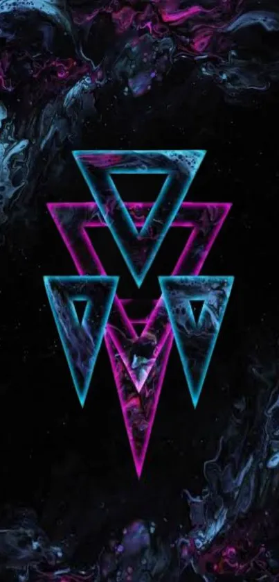 Vibrant neon geometric abstract wallpaper with triangles on dark background.