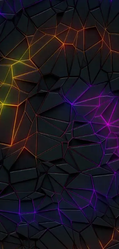 Abstract geometric wallpaper with neon colors on a dark background.