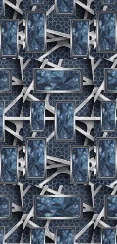 Abstract geometric pattern wallpaper in blue and white tones.