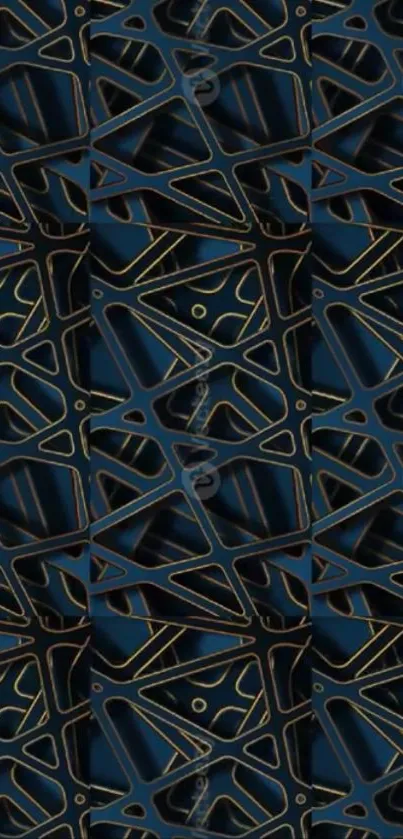 Abstract geometric pattern with intricate design in blue and gold tones.