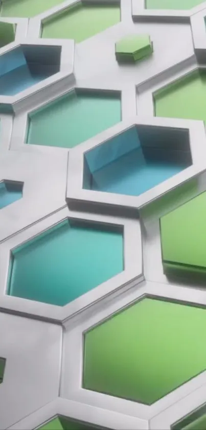 Abstract geometric pattern with hexagons in green and blue tones.