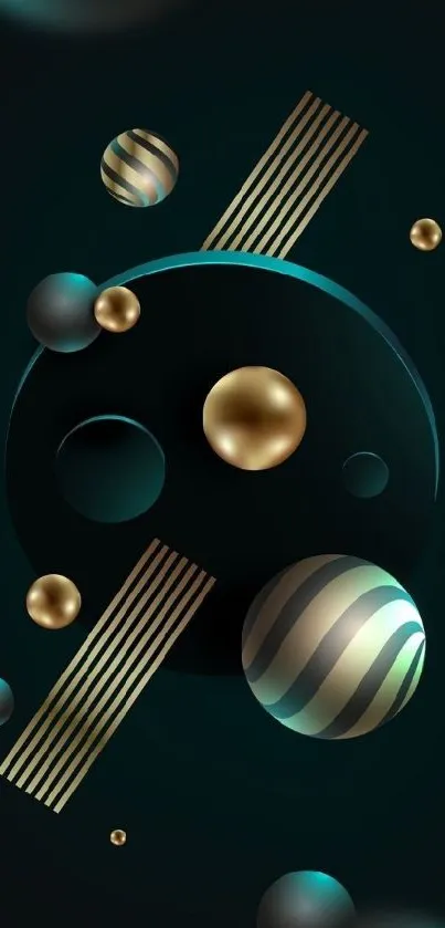 Abstract wallpaper with gold spheres and dark teal background.