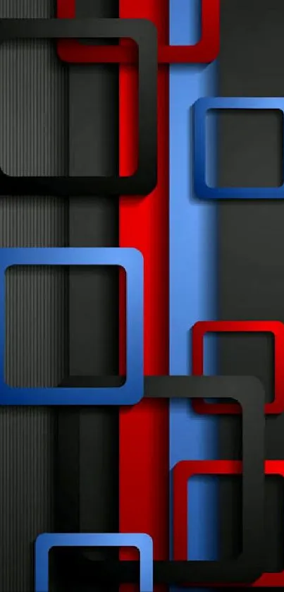 Abstract wallpaper with red, blue, and black geometric shapes.