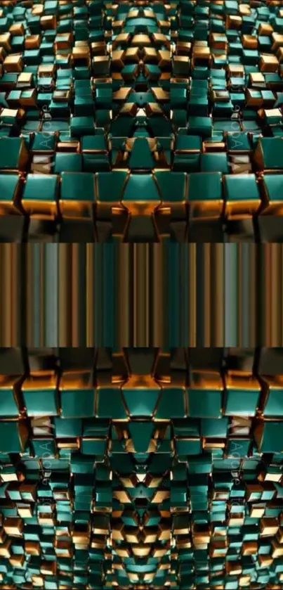 Abstract geometric wallpaper with teal and gold 3D blocks.