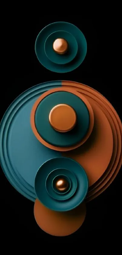 Abstract teal and copper geometric wallpaper with circular design on black background.