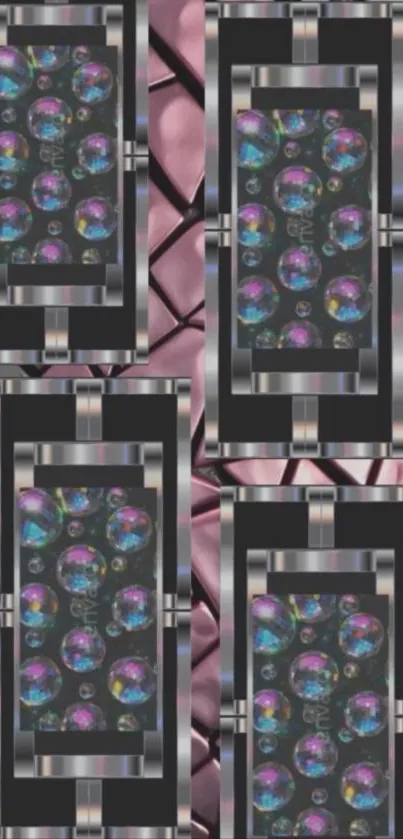 Abstract geometric wallpaper with colorful spheres.