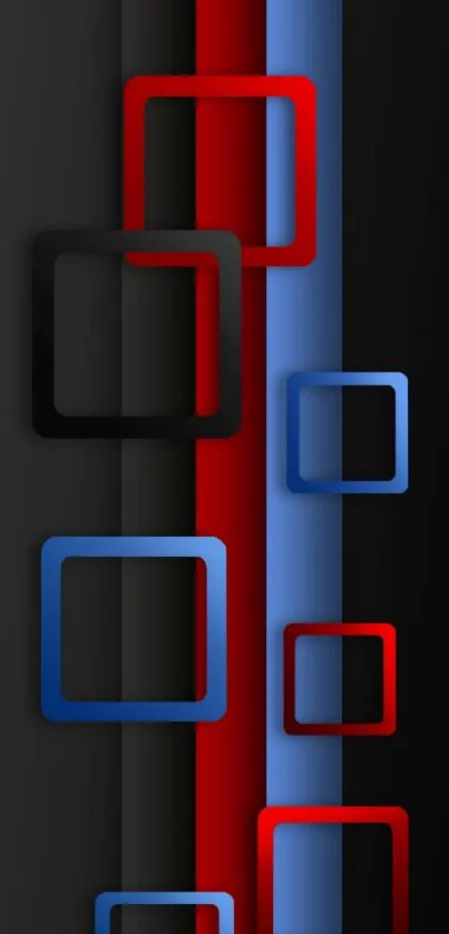 Abstract wallpaper with red and blue squares on a black background.