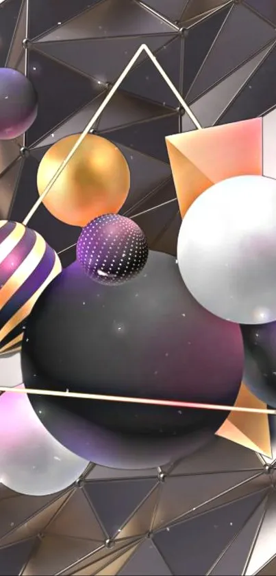 Abstract phone wallpaper with geometric spheres and metallic hues.