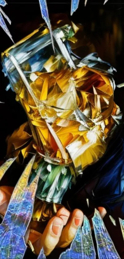 Abstract glass art with colorful shards and gold hues.