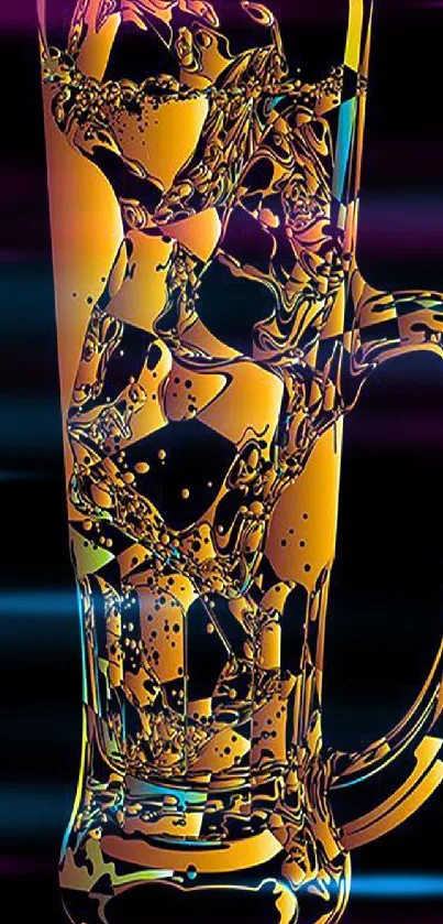 Abstract glass mug with amber design on black background.