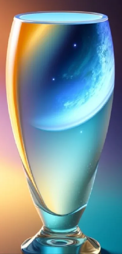 Abstract glass with a planetary reflection and vibrant colors.