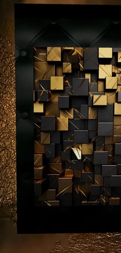 Abstract gold and black wallpaper with geometric squares.