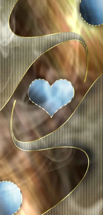 Abstract gold and blue wallpaper with heart and circles design.