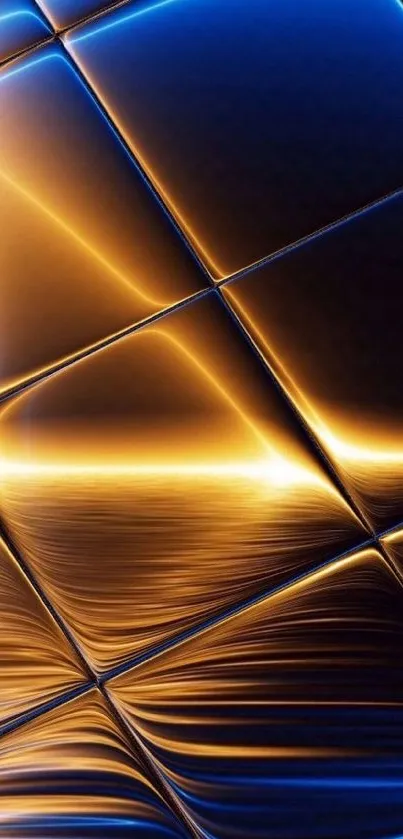 Abstract mobile wallpaper with gold and blue dynamic waves in a modern style.