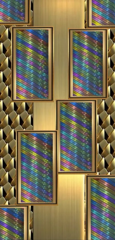 Abstract wallpaper with gold geometric and colorful design.