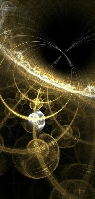 Abstract golden fractal art with a cosmic black background.