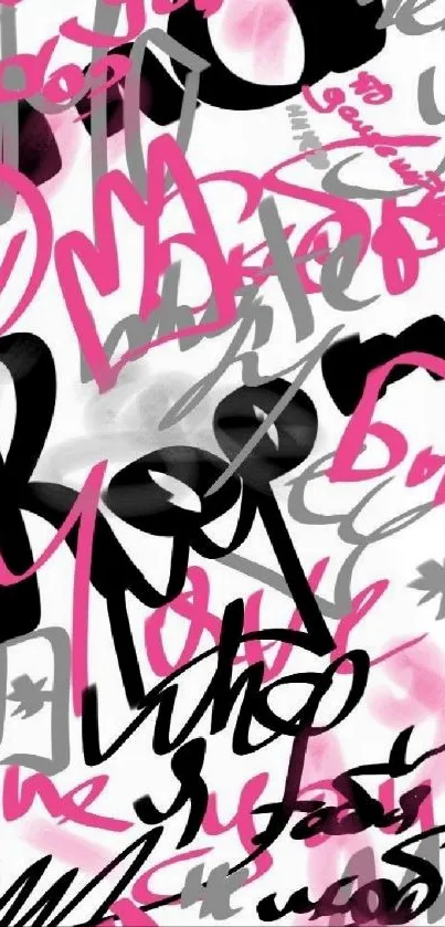 Abstract graffiti art with pink and black on white background.