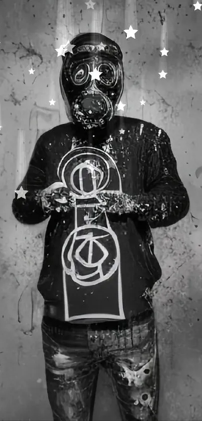 Monochrome artwork of a masked graffiti artist, embracing urban style.