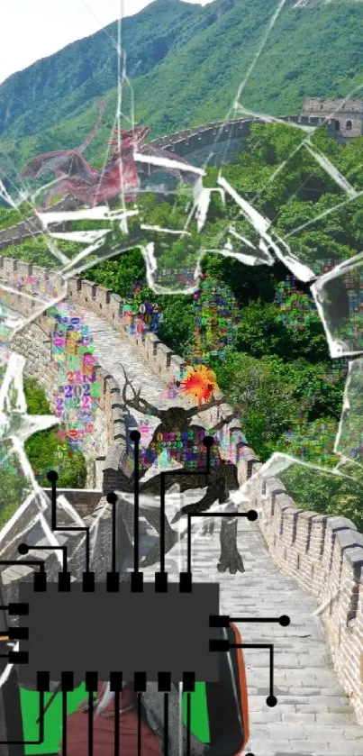 Abstract digital collage on Great Wall with nature and tech elements.