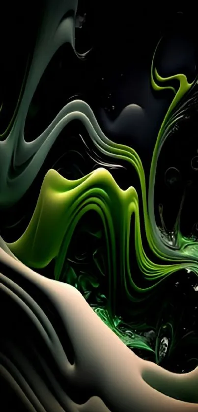 Abstract swirling green and black mobile wallpaper design.