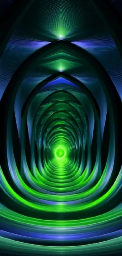 Abstract green and blue tunnel with vibrant colors.