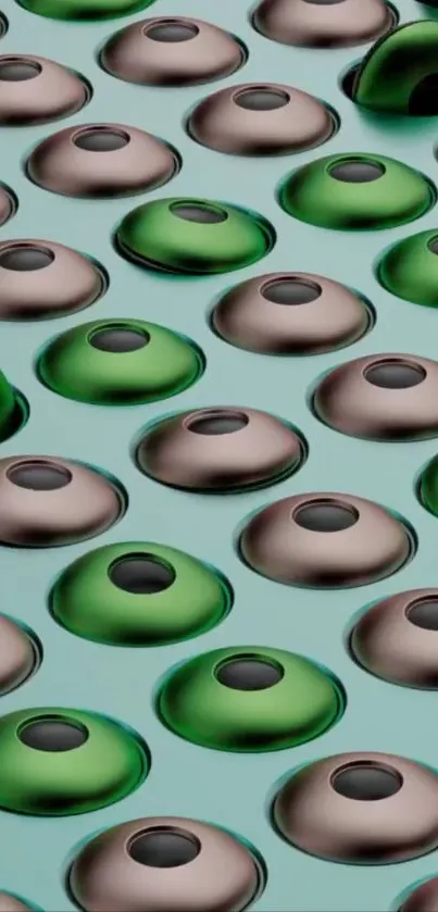 Abstract wallpaper with green and brown 3D circles in a pattern.