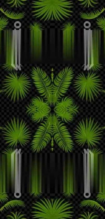 Abstract green fern pattern with geometric elements on a black background.