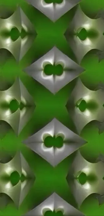 Abstract green and silver geometric pattern wallpaper.
