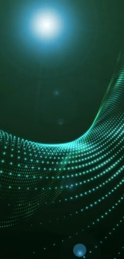 Abstract green wallpaper with dynamic lightwaves and glowing dots.