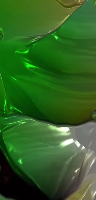 Abstract green liquid art wallpaper with flowing, glossy textures.