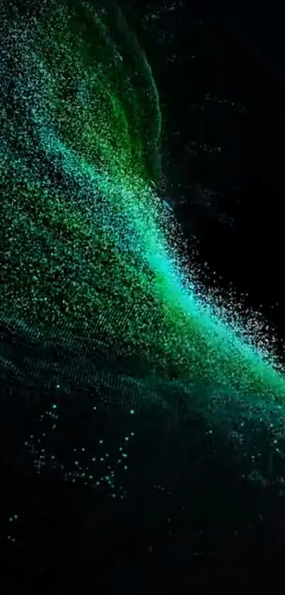 Dynamic abstract wave of green particles on dark background mobile wallpaper.