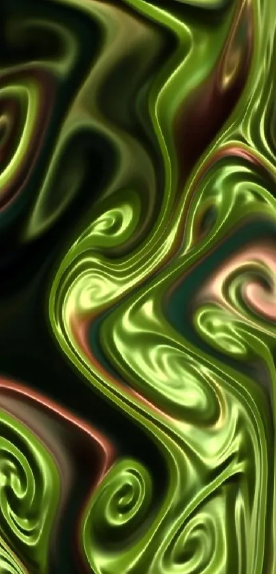 Abstract green swirl wallpaper with fluid patterns and metallic hues.