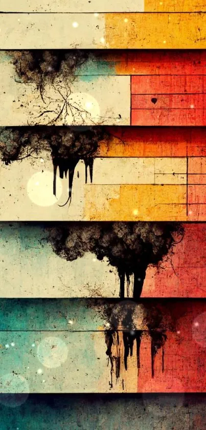 Abstract grunge colorful mobile wallpaper with yellow, red, and turquoise hues.