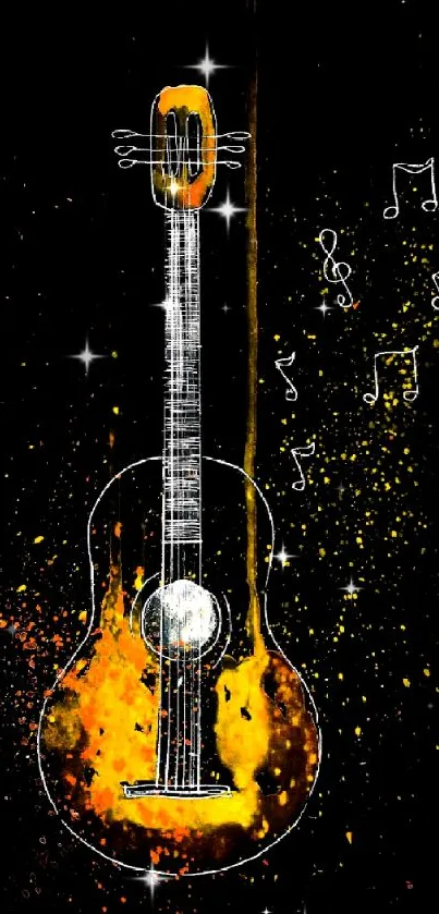 Abstract guitar wallpaper with vibrant orange splashes and musical notes.