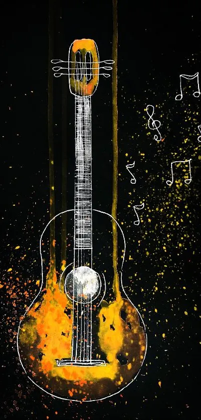 Abstract guitar on black background with music notes and vibrant yellow splashes.