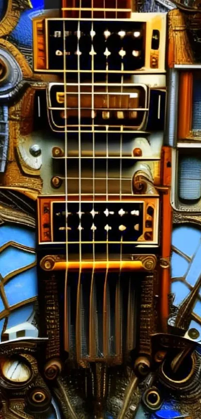 Abstract guitar artwork with metallic and blue elements.