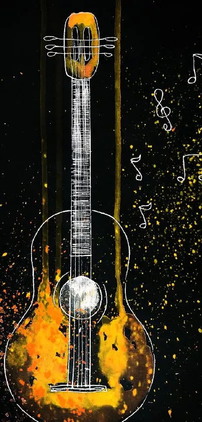 Abstract guitar illustration with musical notes on a black background.